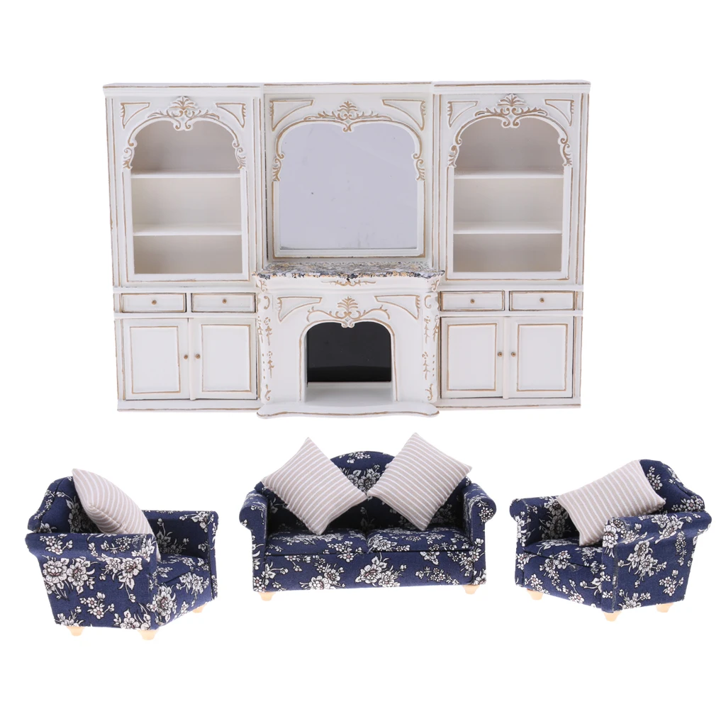 Luxury Miniature Wooden Display Cabinet Floral Sofa Couch 1/12 Dolls House Furniture Room Items Accessories