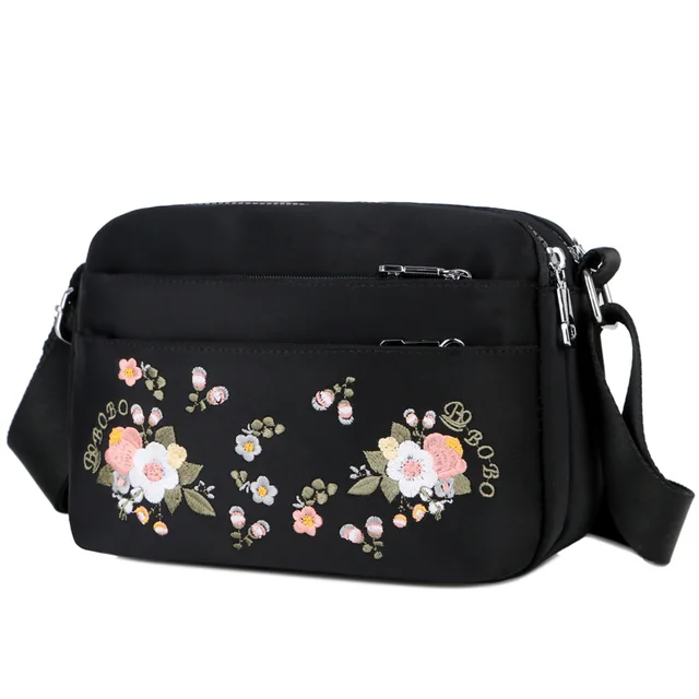 Luxury Brand Flower Shoulder Bag Women Small High Quality Nylon Tote Top-handle Travel Crossbody Bag Embroidery Messenger Bags black