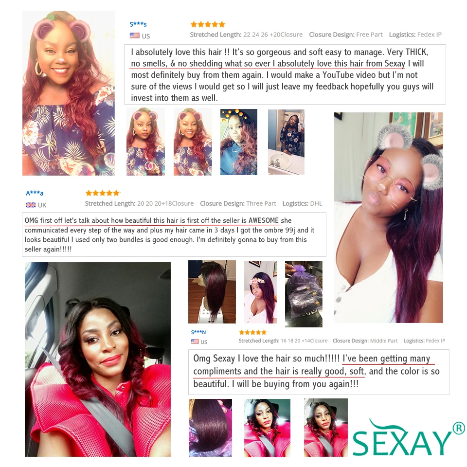 Ombre Hair 3 Bundles With Closure Sexay Professional 1B/99J Burgundy Dark Wine Red 100% Human Hair Brazilian Straight Human Hair