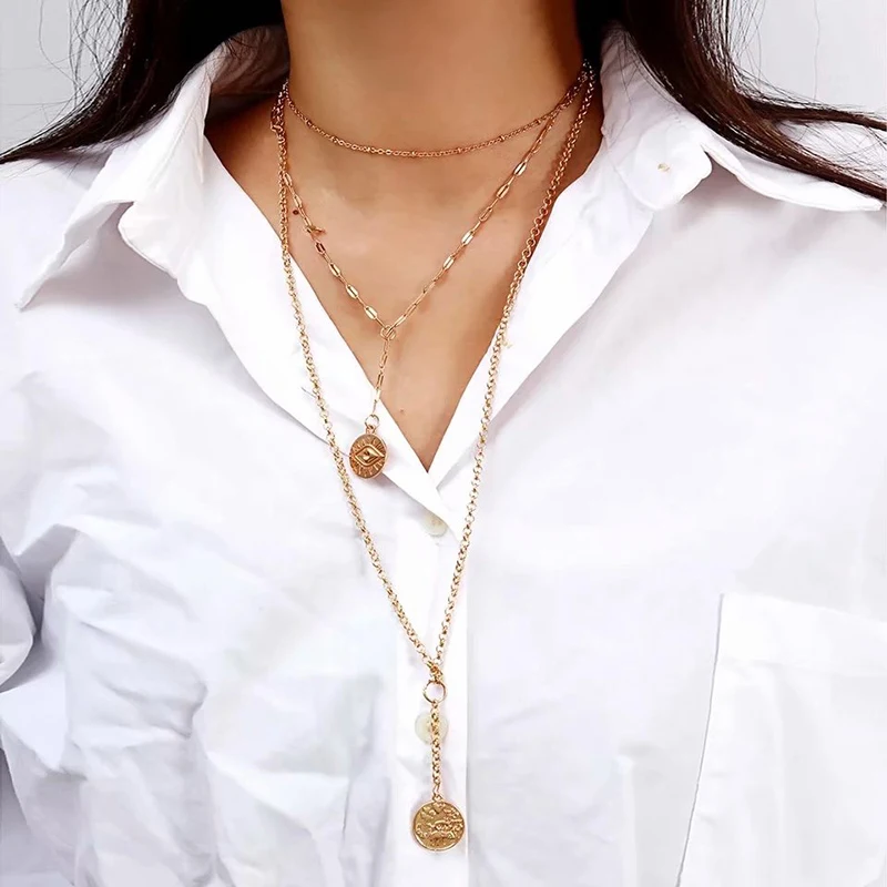

New Hot Retro Necklace Fashion Vintage Alloy Turkey Evil Eye Round Pendant Necklace Long Chain Wedding Party Gift Bijoux CN009