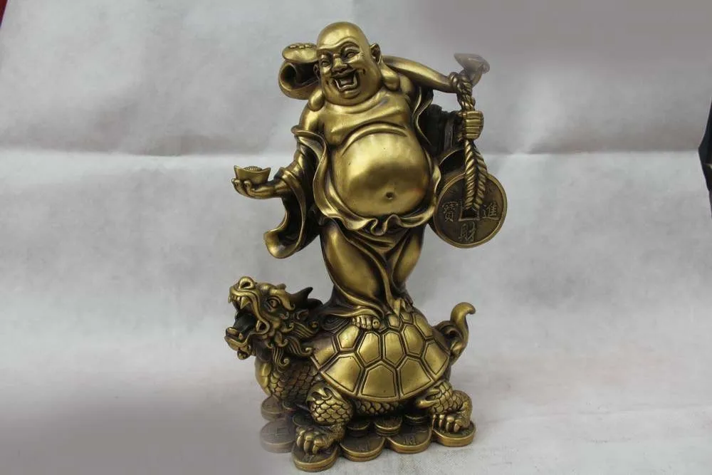 

14"Chinese Brass Money drawing Stand Dragon Turtle Maitreya Buddha Statue