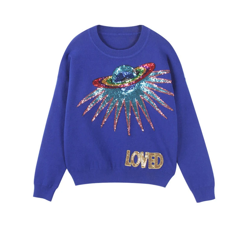 Бархатный свитер с кроликом, женские топы, расшитые блестками, с вышивкой в виде планеты, пуловеры, Повседневные свитера, Pull Femme TG5234