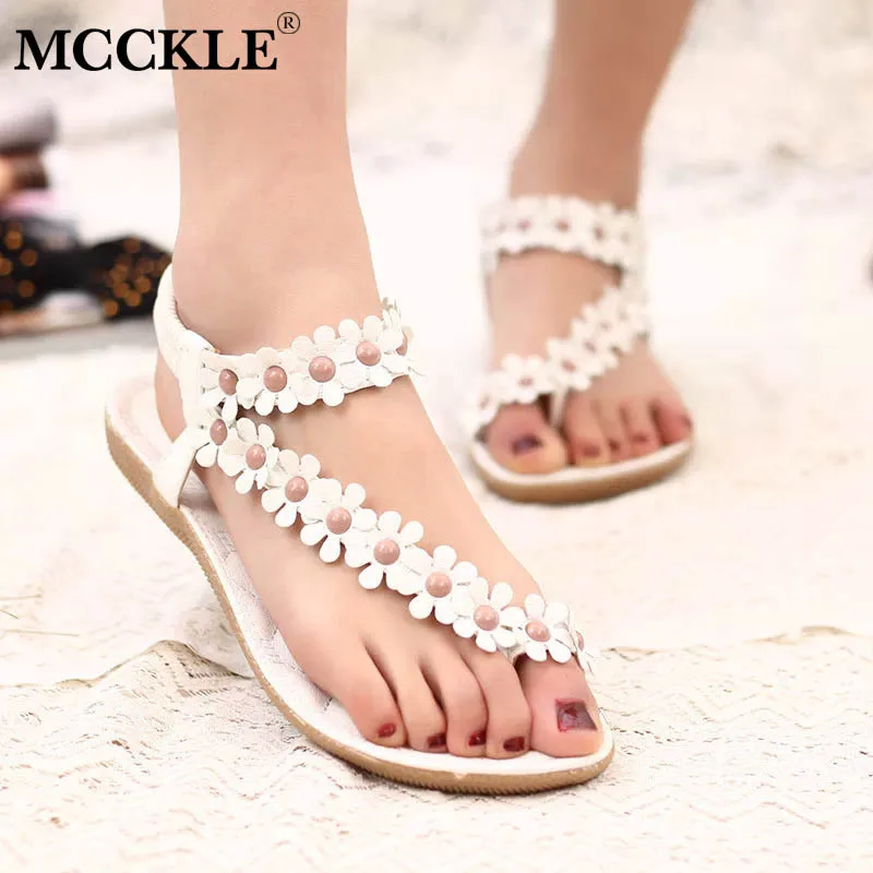 

MCCKLE Summer Women Flat Sandals Elastic Band Jelly Shoes Bling Flower Fashion Sandal Flat Shoes Comfortable Casual Footwear