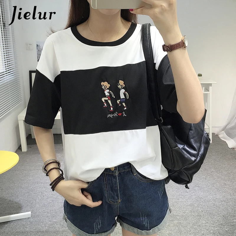 Jielur/Повседневная летняя футболка для женщин корейская мода забавная с короткими