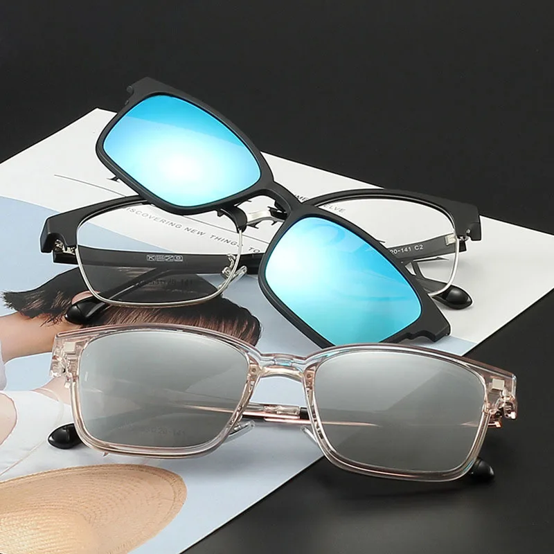 

Square Frame Magnetic Clip On Polarized Sunglasses Retro Polarized Sunglasses Semi Rimless Vintage Mirrored Eyewear Frame UV400