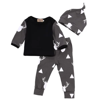 

Newborn Baby Boy Girl Clothes Deer Print Cotton T-shirt Tops Long Pant Hat 3PCS Outfits Autumn Baby Clothing Set