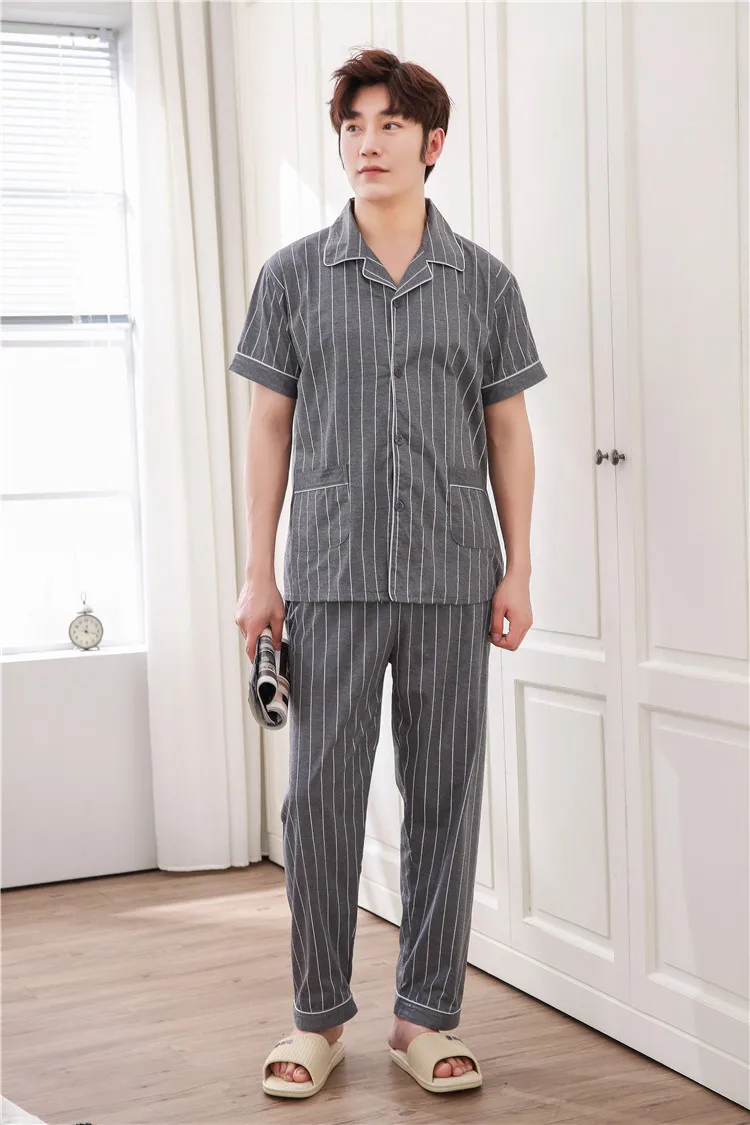 Мужские пижамные наборы Turn-Down Воротник Полосатый однобортный с коротким рукавом для отдыха карманы набор Мужские большеразмерные
