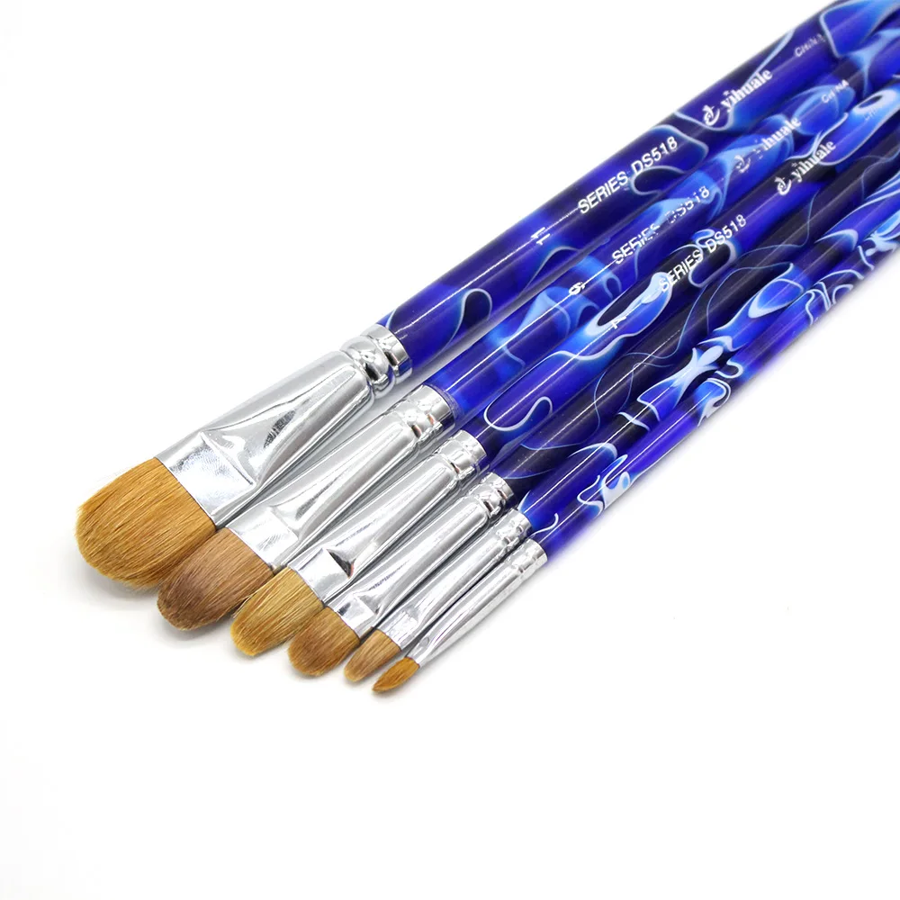 6 шт. набор синяя акриловая ручка филберт шерсть ласки кисти художественная кисть Ручка Акварельная живопись картина маслом для искусства
