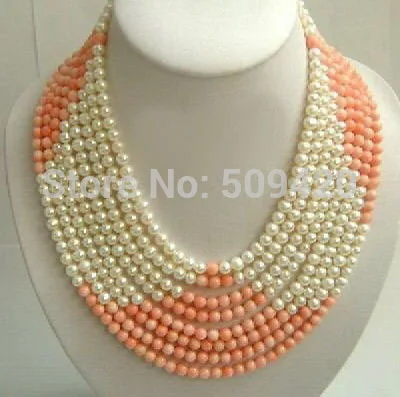 

W&O655 >>8 Rows Real Pink Coral White Pearl 18KWGP Clasp Necklace