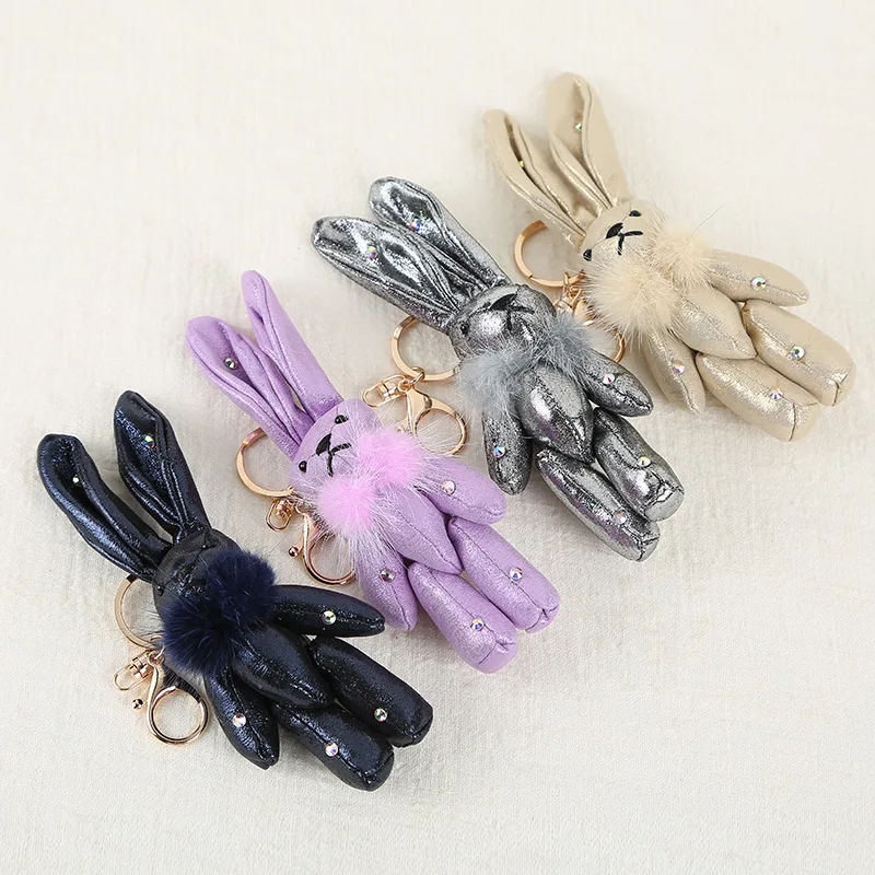 

Creative Cute Fur Mink Bunny Rabbit Keychain Rhinestone Leather Long Ear Rabbit Car Keyring Key Chain Female Charm Bag Pendant
