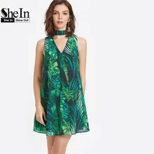 SheIn Womens Summer Dresses 2017 Summer Green Tropical Print Double Cut Out Choker V Neck Sleeveless A line Dress