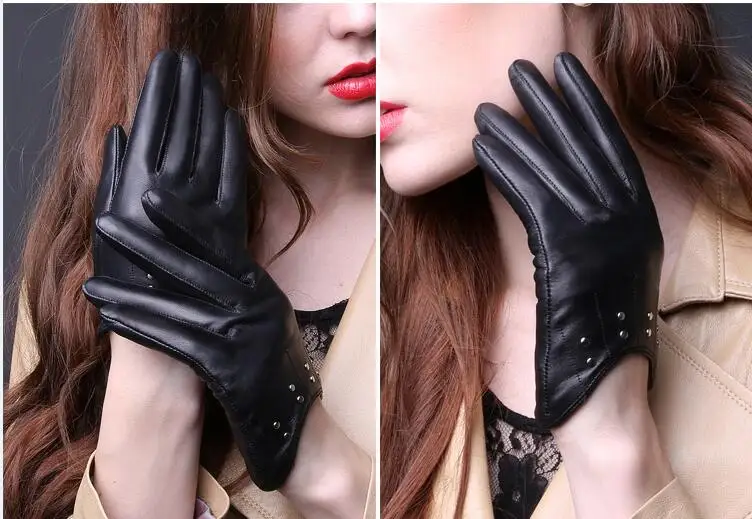 Женские модные черные перчатки в американском стиле с тонкими заклепками из овечьей кожи, милые женские варежки для верховой езды DWA604