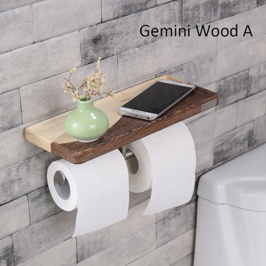 Деревянные держатели для туалетной бумаги, настенный держатель для туалетной бумаги с деревянной полкой и двойными аксессуарами из нержавеющей стали в стиле ретро