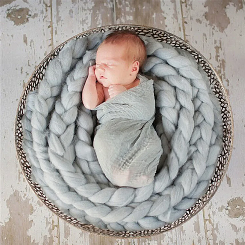 Wool Newborn Photography Props Basket Filler, Chunky Baby Blanket Pure