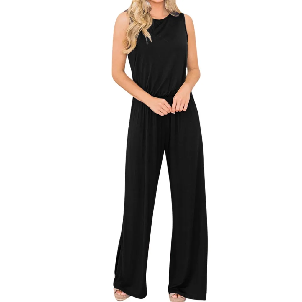 

Womaillong rompers women formal jumpsuit elegant 2019 Summer Loose O Neck Solid Sleeveless Spaghetti Strappy Strap Long Jumpsuit