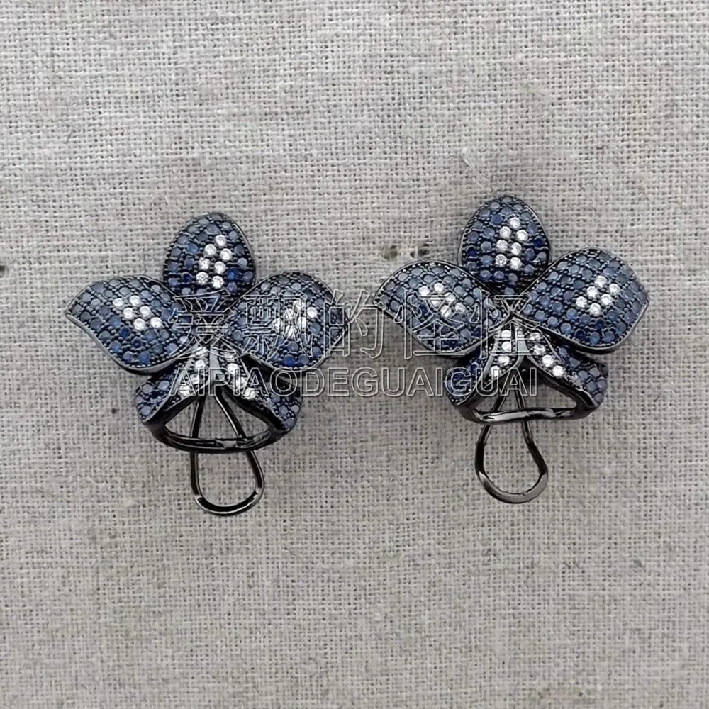 

Women's CZ Pave Colbalt Flower Gunmetal Post Earrings
