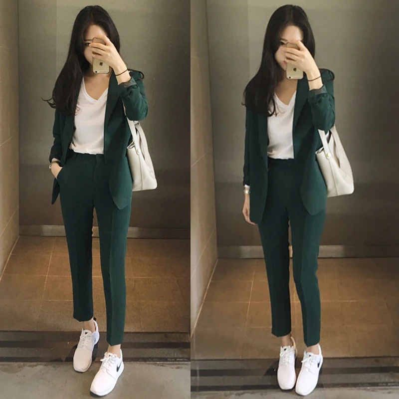 GREEN Work Pants Suits 2 Piece Sets Office Lady Suits Women Outfits Spring GREEN Work Pants Suits 2 Piece Sets Office Lady Suits Women Outfits Spring