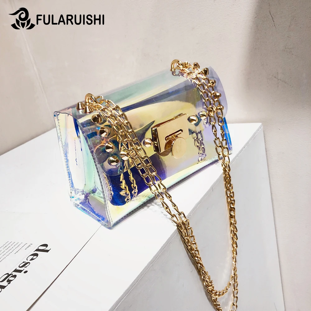 

Laser Holographic Women Messenger Bags Candy Jelly Transparent Handbag Fashion Plastic Shoulder Bags For Women Chains Handbags
