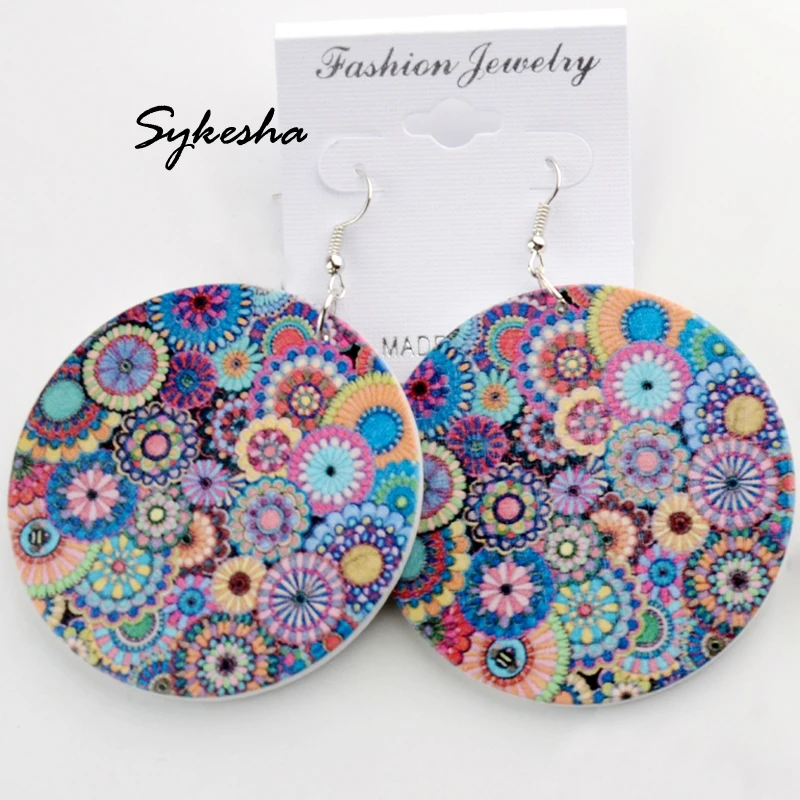 

2019 Bohemia Ethnic Jewelry Blue Full Flowers Printed Wood Earrings Floral Painted Wooden Ear Jewelry for Women and Girls