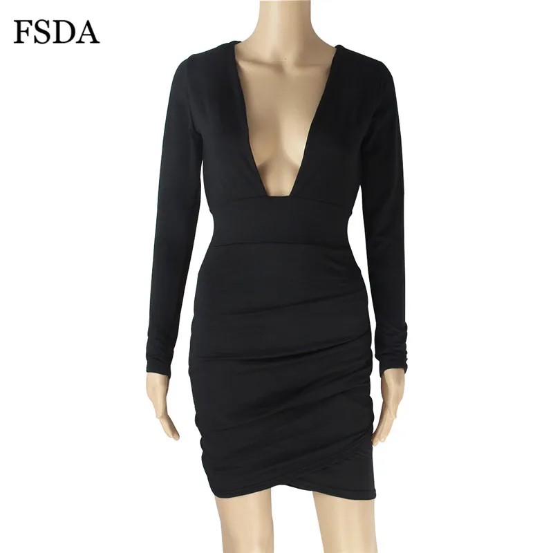 Nadafair черный красный осень зима Империя Ruched с длинным рукавом Bodycon платье Sexy V