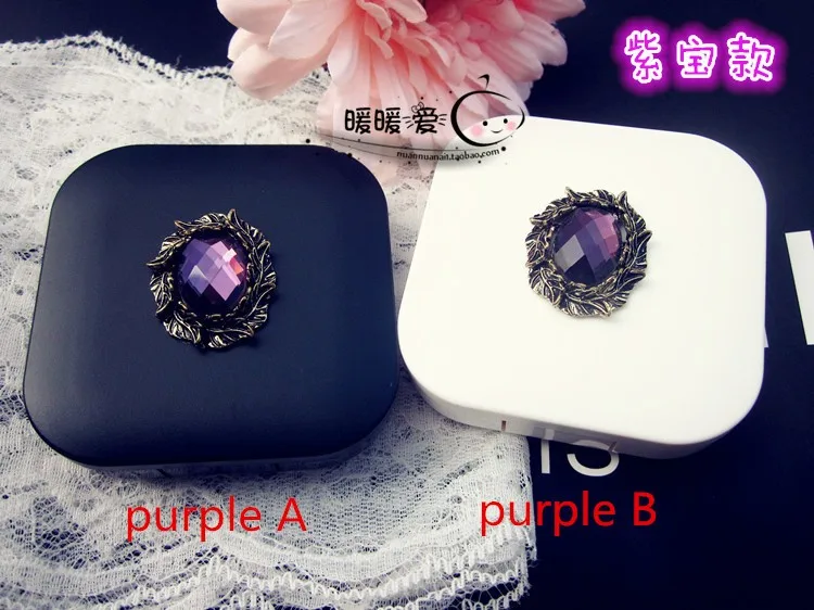 

LIUSVENTINA Handmade DIY Cute Alloy Olive Leaf Purple Gemstone Contact Lens Case With Mirror Box Container for Color Lenses