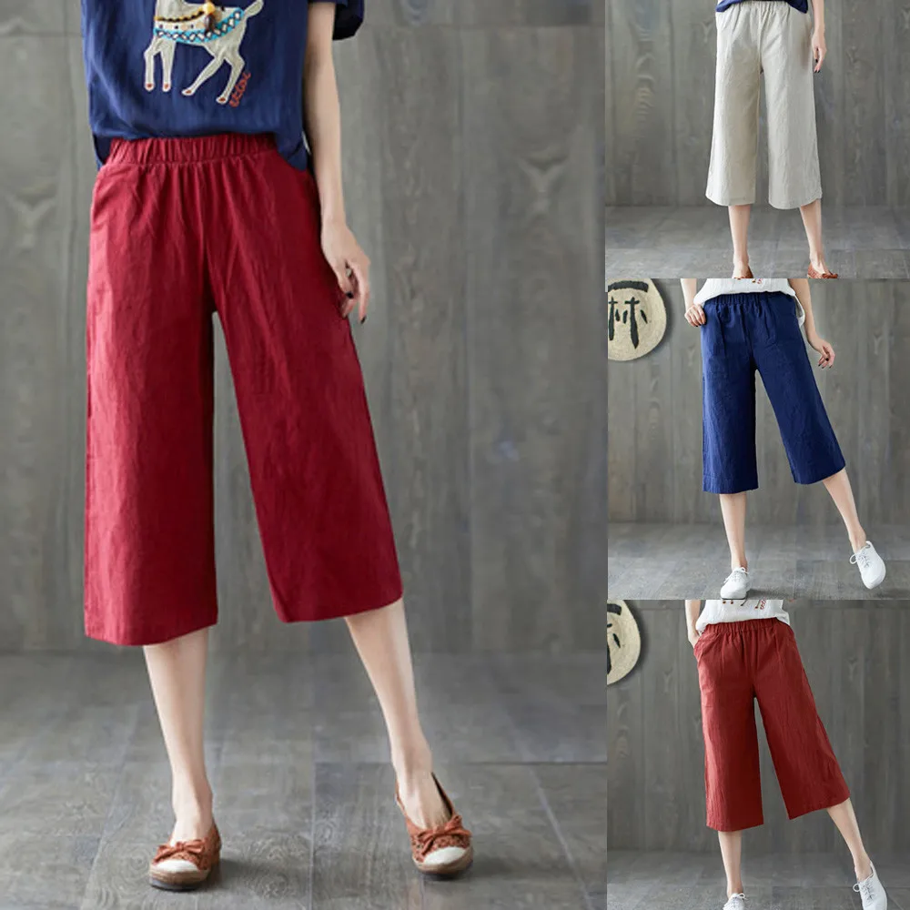 

TOPS Women Daily Casual Solid Plus Size Linen Harem Pants Baggy Loose features and simple design Calf-Lengt Trousers 2019