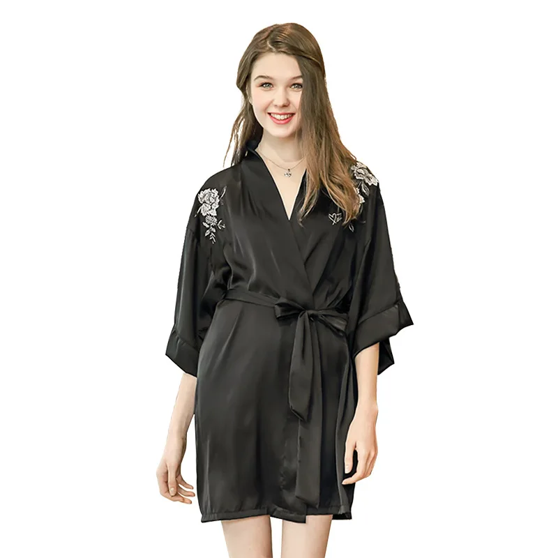 

Women Robe Pajamas Short Half Sleeve Above Knee Embroidery Silk Morning Robes Homeware Bathrobe Kimono Cardigan Summer Beige