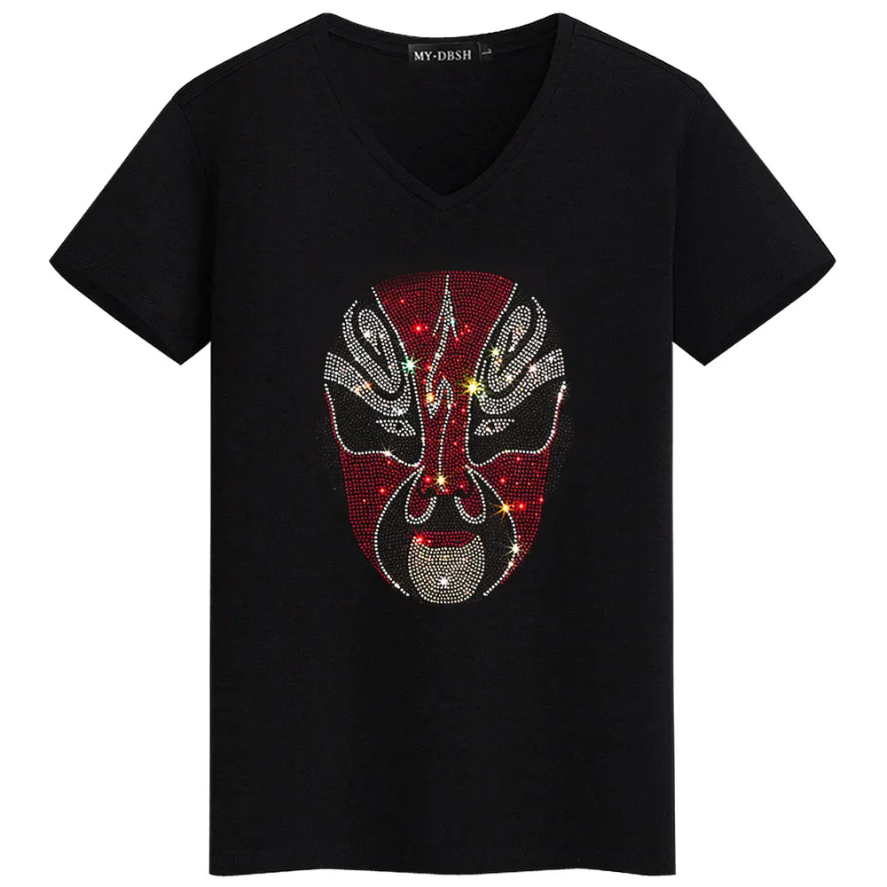 Big size 5XL Mask Unique Man Shinning Diamond Stone T-shirt Short Sleeve high quality Peking Opera Rhinestone Print men t shirts - Цвет: T002-V-Black