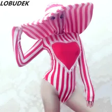 Сексуальный женский подиум для моделей, одежда для ночного клуба, современная танцевальная одежда для сцены, праздничный костюм для бара, красный, белый, в полоску, обтягивающее боди, большая шляпа