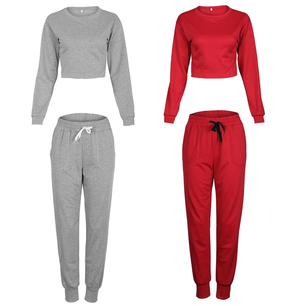 2018 Autumn Winter Fashion Women Sporting Trousers Elastic Waist Drawstring Pockets Casual Sportswear Loose Pants Red/Grey