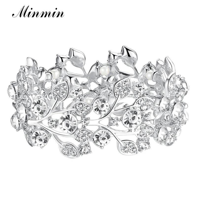Minmin Crystal Leaf Silver Color Bridal Bracelets for Women Wholesale Wedding Jewelry Bracelets Bangle Fashion Accessory SL108