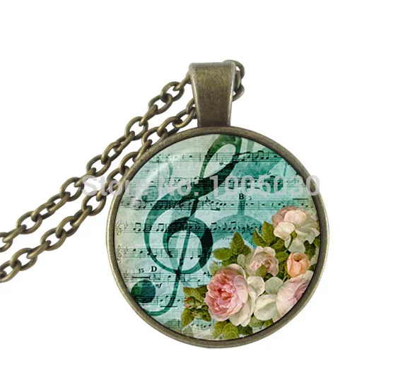 Music note necklace treble clef jewelry glass cabochon pendant musical