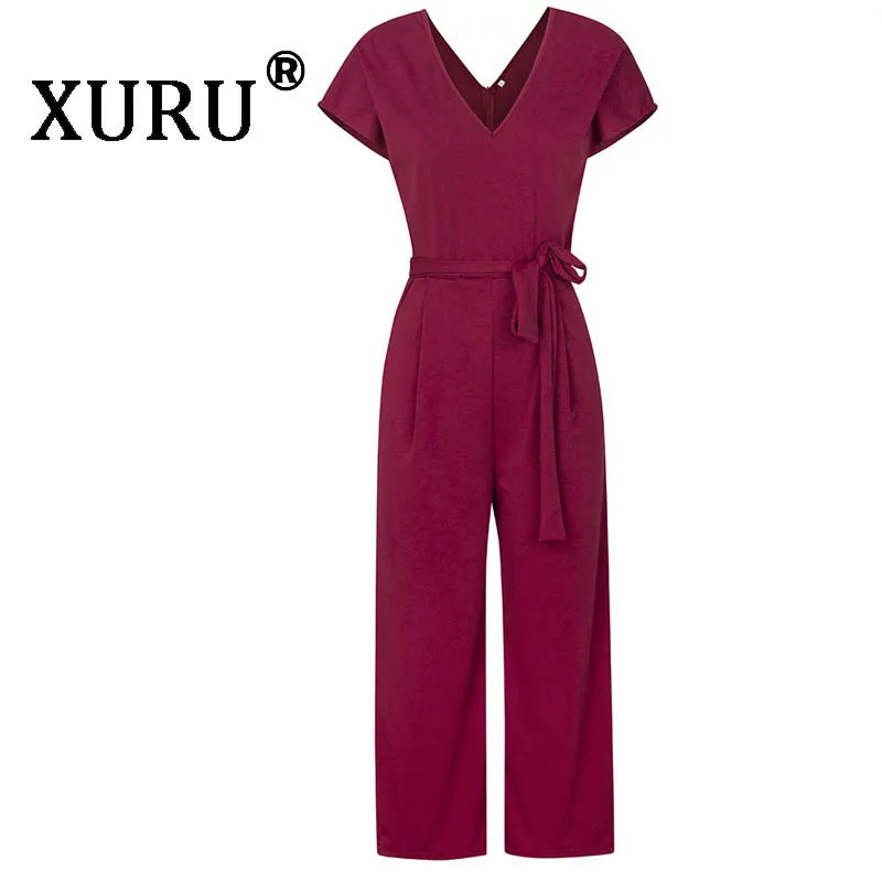 XURU temperament fashion casual chiffon jumpsuit nine pants summer new V-neck solid color women's loose jumpsuit with belt