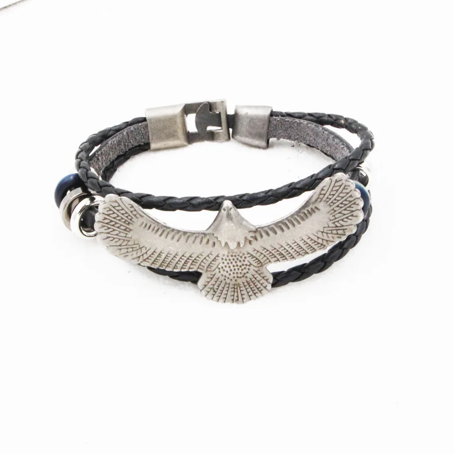 Fashion Cool Men Punk Biker Leather Wrap Bracelet Flying Eagle Charm