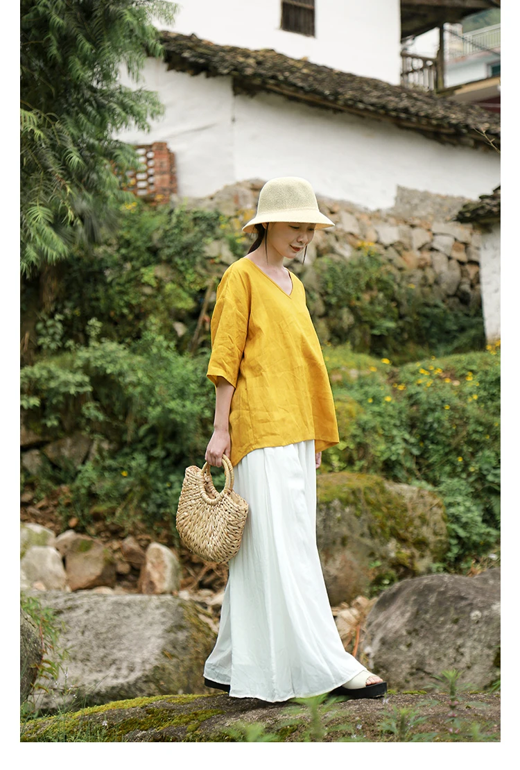 LZJN Women Tops and Blouses 2019 Summer V Neck Short Sleeve Linen Shirt Casual Loose Work Blouse RetroTop Plus Size Blusas (8)