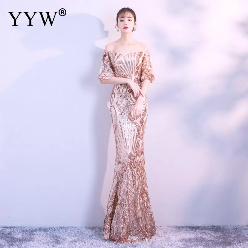 

Sexy Off Shoulder Women Evening Dress Luxury Sequined Floral Party Gowns Elegant Gold Black Ladies Fashion Formal Mermaid Dress