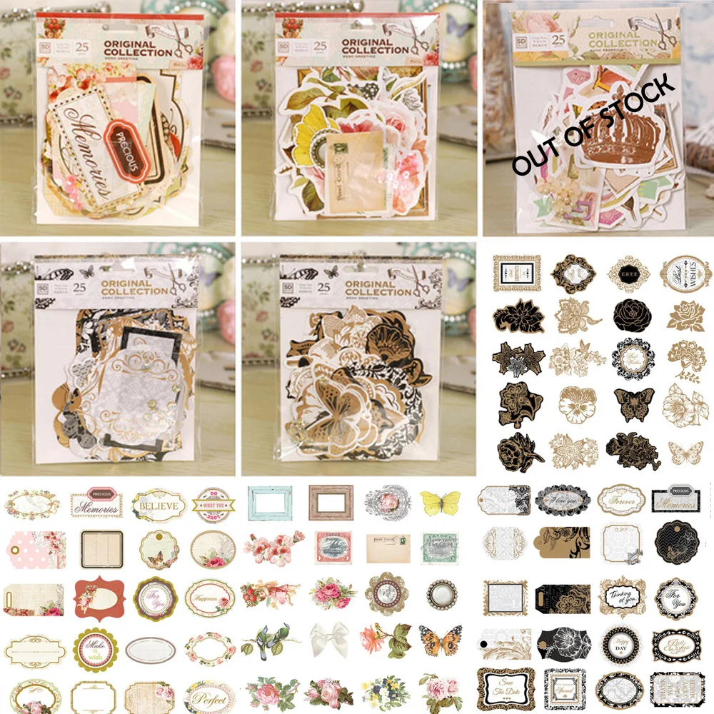 25 Designs/pack,4 packs of handmade vintage printed scrapbook tag/ die