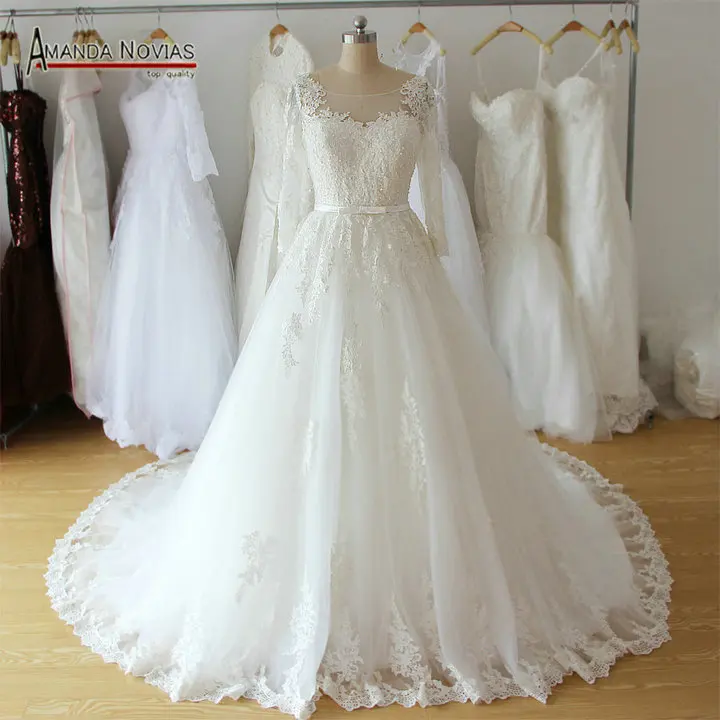 

2017 Vestido De Noiva O-Neck Iusion Back Long Sleeve Wedding Dress Lace A line Wedding Gowns Custom-Made Wedding Dress