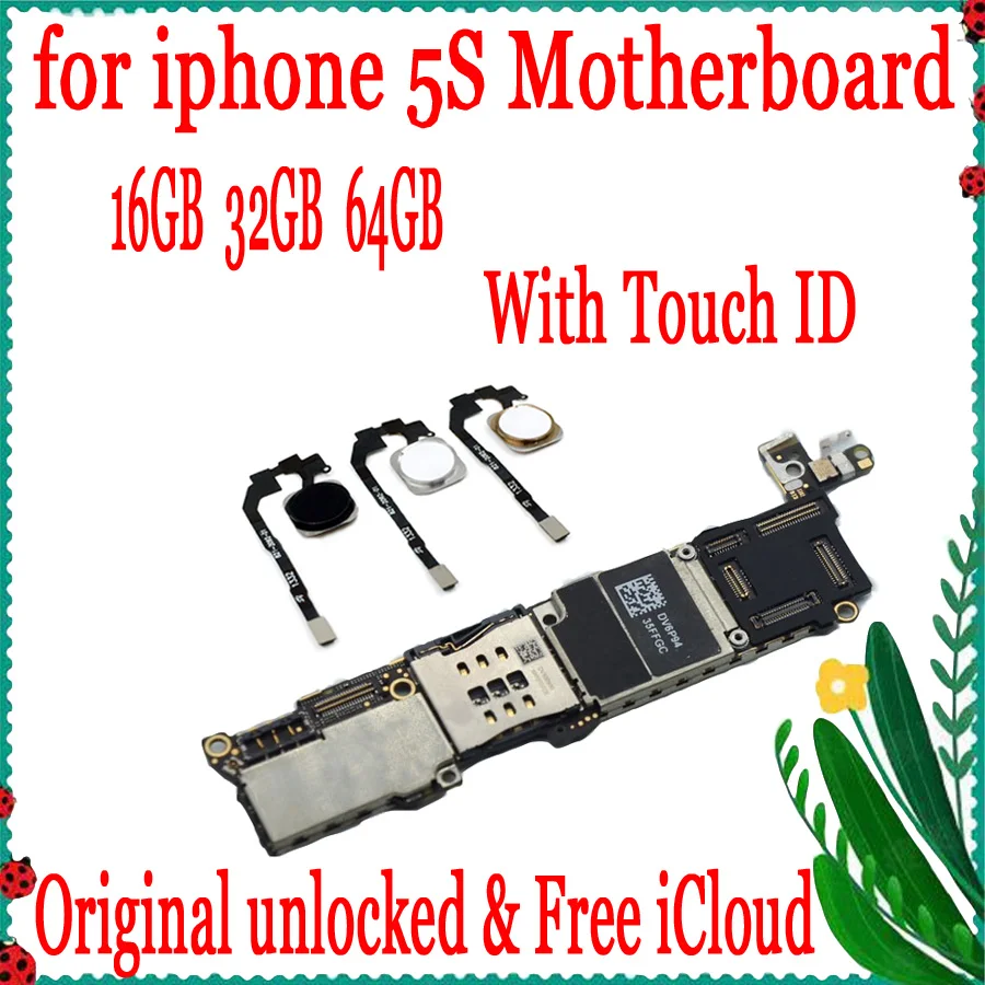 

With / Without Touch ID motherboard for iphone 5 S 5S Factory unlocked Mainboard IOS system logic board+chips 16GB 32GB 64GB