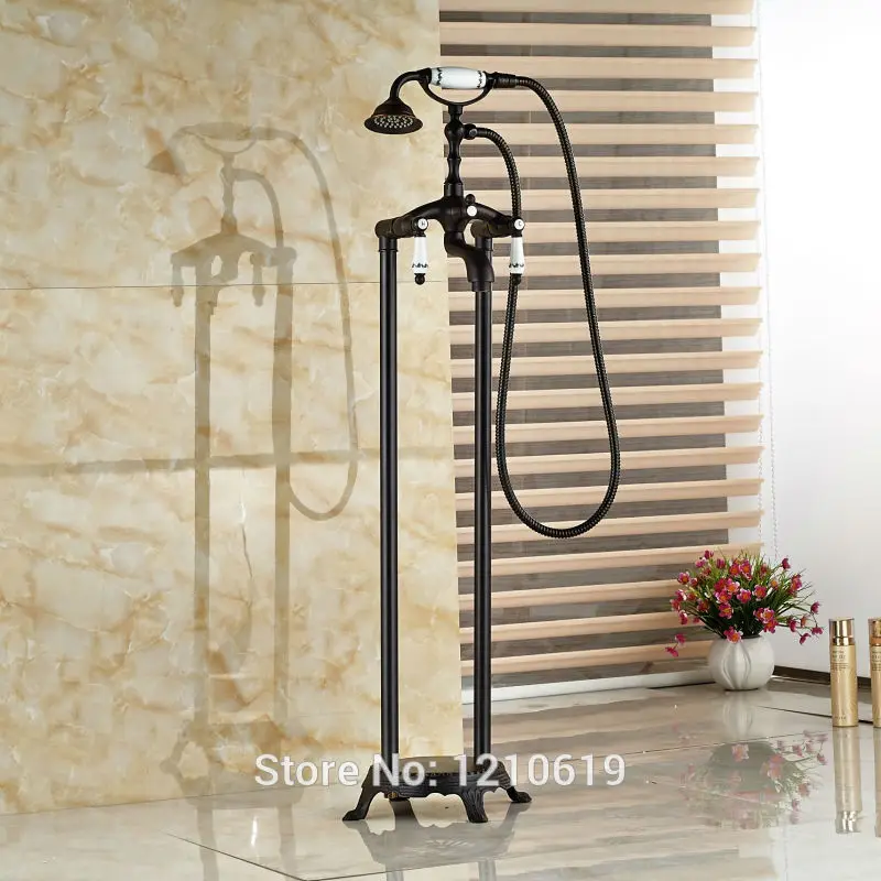 

Newly Floor Type Oil-rubbed Bronze Bathtub Faucet w/ Hand Shower Ceramic Style Shower Tub Mixer Faucet Tap