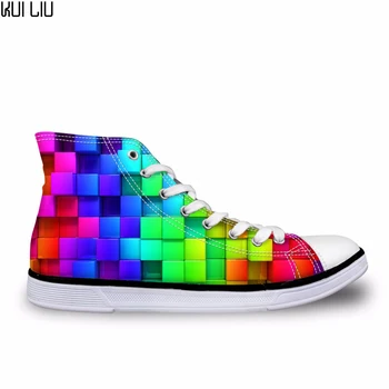 

Customized High top canvas Men sneakers vintage vulcanized lace up flat shoes Male rainbow color checkered 3D print boys shoes