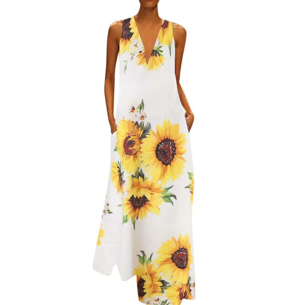 

Maxi Dress For Women Plus Size Fashion Sunflower Print Long Dresses Sleeveless V Neck Bohemian Long Sundress Vestidos Femme New