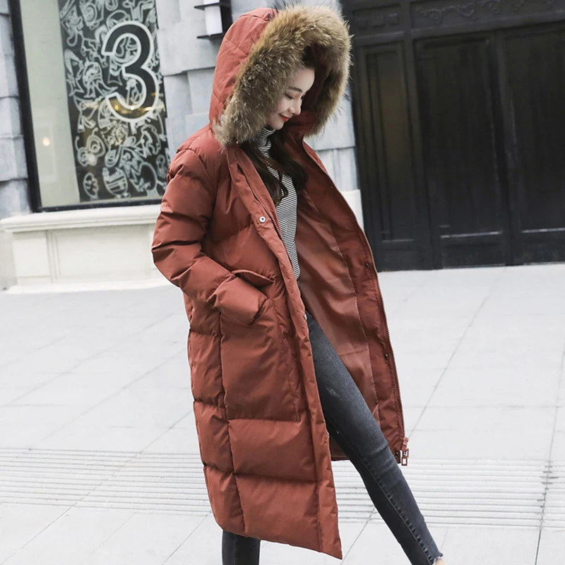 S-2XL осень-зима Для женщин средней длины одноцветное Цвет хлопковое пальто Модный большой меховой воротник женские толстые Теплый пуховик