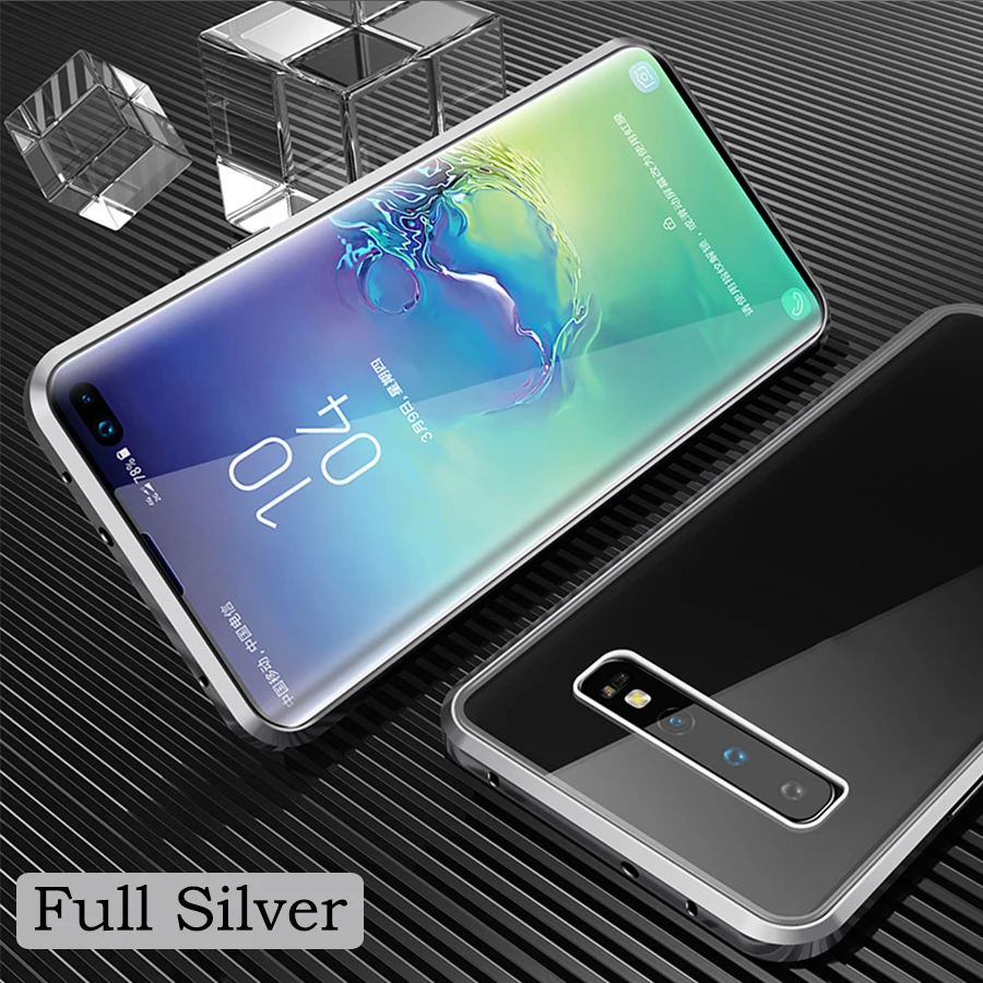 Встроенный магнитный адсорбционный металлический чехол для samsung S10 5G S9 S8 Plus S10e Note 9 8 переднее заднее стекло полная защита корпуса - Цвет: Full Silver