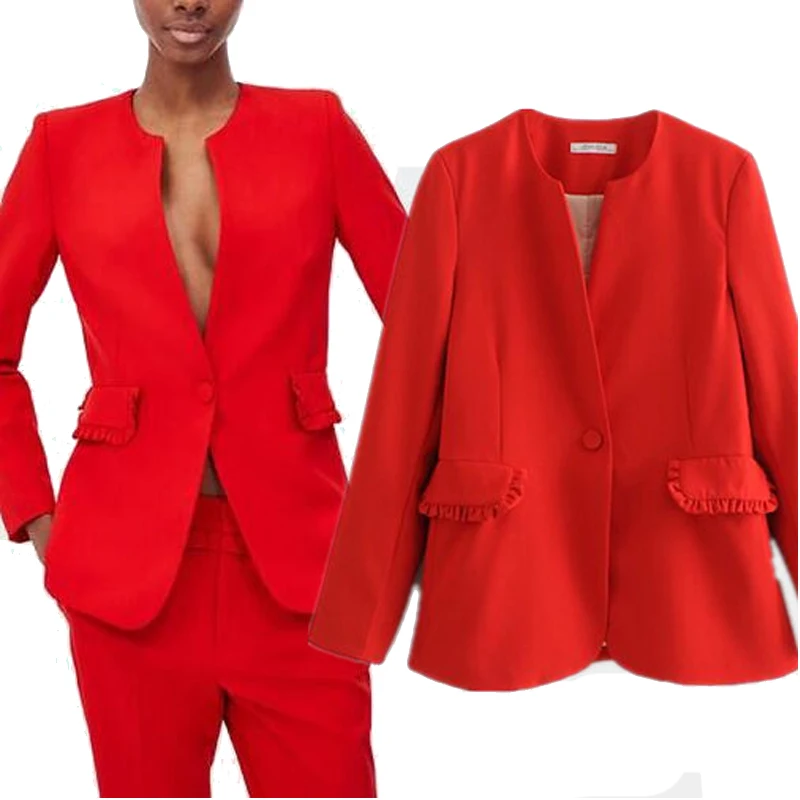 2018 Autumn Long Sleeve Red Blazers Jacket Single Button