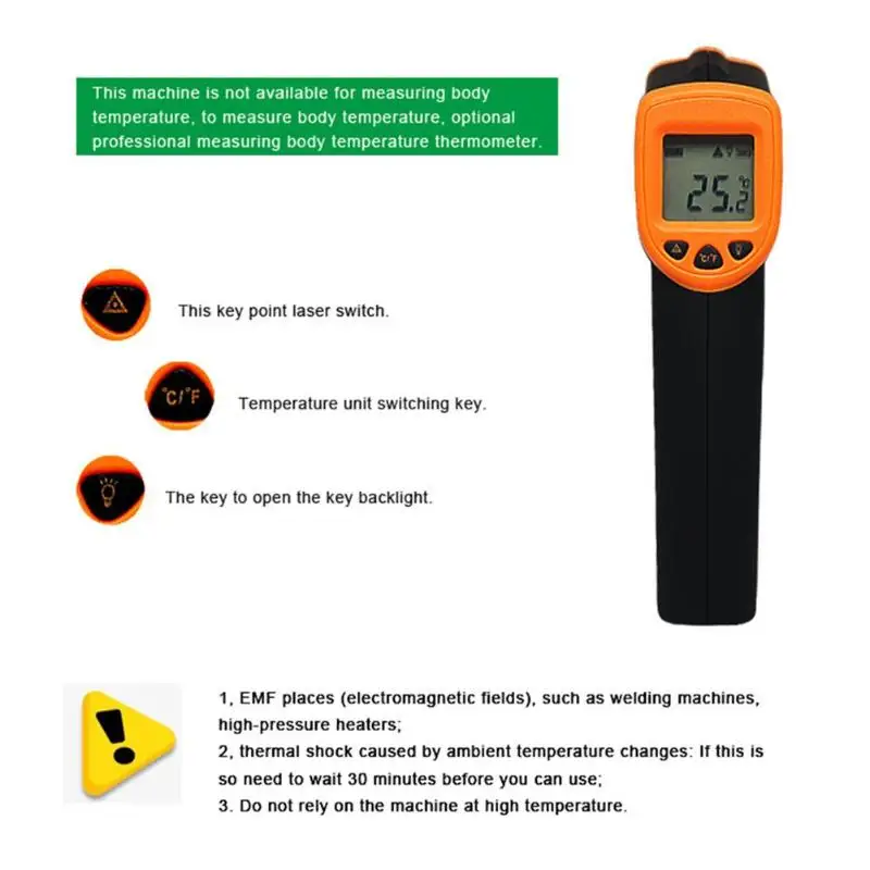 Цифровой инфракрасный термометр Бесконтактный инфракрасный термометр пирометр ИК-лазерный измеритель температуры точечный пистолет-32 ~