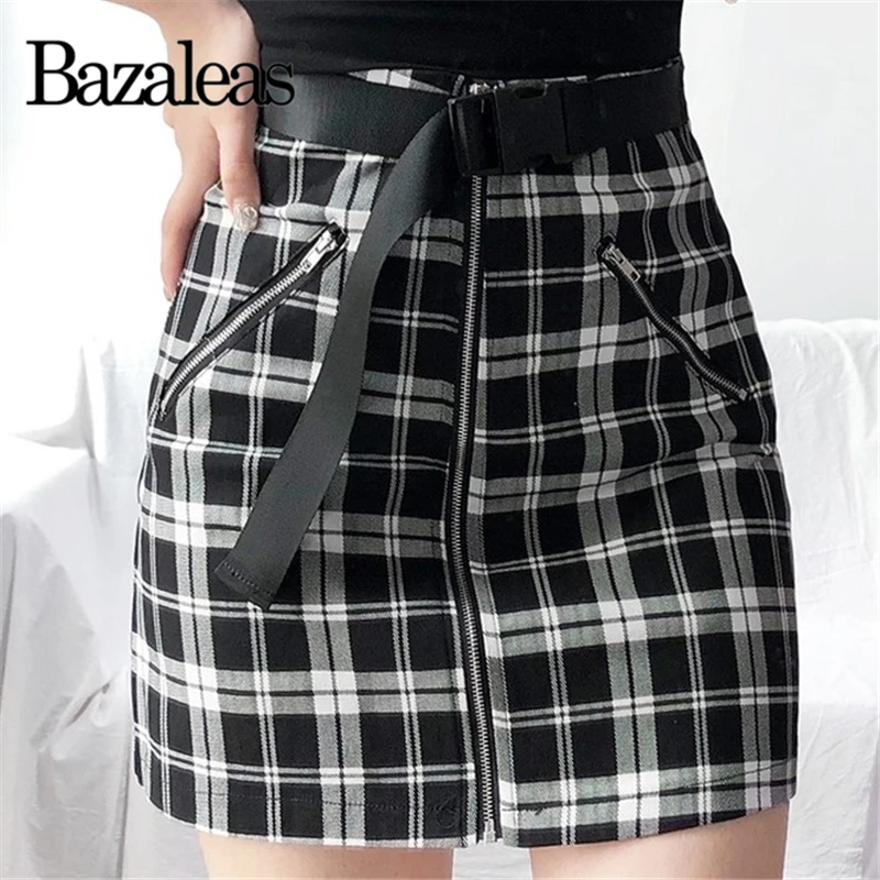 Bazaleas, повседневная короткая юбка с высокой талией на молнии, сексуальные клетчатые мини-юбки, Женская клетчатая черная белая трапециевидная Женская юбка Харадзюку