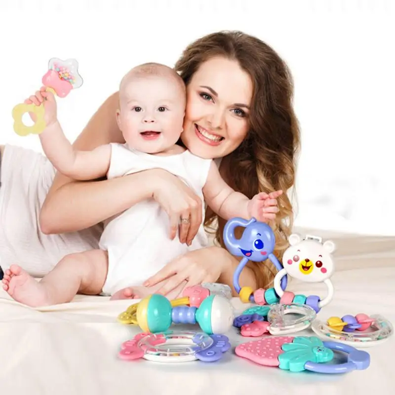 

8Pcs/Set Baby Rubber Rattle Toy Food Grade Silicone Baby Teether Rattle Toy For 0-12 Months Baby With Portable Storage Box
