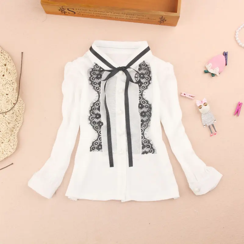 Белая блузка для девочек кружевные топы с длинными рукавами для маленьких девочек и подростков, школьная форма, рубашка в полоску детская одежда для детей возрастом 6, 8, 10, 12 лет - Цвет: design 15 clothes