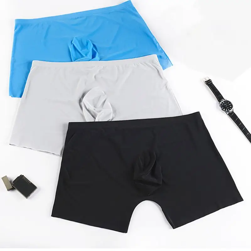 

Mens Plus Size Ice Silk Underwear Seamless 3D U Convex Pouch Boxer Shorts Mid Waist Loose Elastic Ultra-Thin Underpants Panties